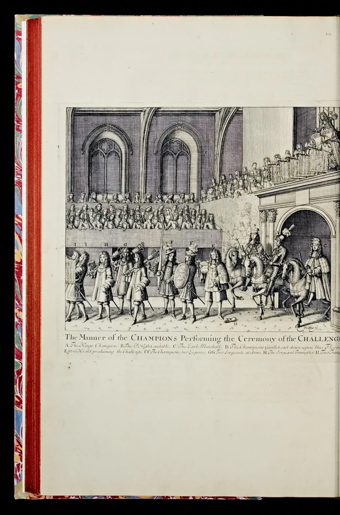 An illustration from The history of the coronation of the most high, most mighty, and most excellent monarch, James II, by the grace of God, king of England, Scotland, France and Ireland, defender of the faith, &c. and of his royal consort Queen Mary : solemnized in the collegiate church of St. Peter in the city of Westminster, on Thursday the 23 of April, being the festival of St. George, in the year of Our Lord 1685 : with an exact account of the several preparations in order thereunto, Their Majesties most splendid processions, and their royal and magnificent feast in Westminster-Hall : the whole work illustrated with sculptures, 1687, leaf 247