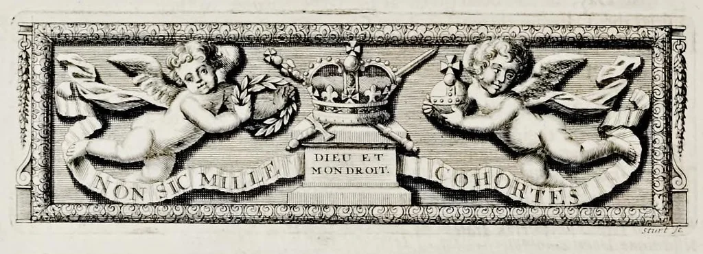 An illustration from The history of the coronation of the most high, most mighty, and most excellent monarch, James II, by the grace of God, king of England, Scotland, France and Ireland, defender of the faith, &c. and of his royal consort Queen Mary : solemnized in the collegiate church of St. Peter in the city of Westminster, on Thursday the 23 of April, being the festival of St. George, in the year of Our Lord 1685 : with an exact account of the several preparations in order thereunto, Their Majesties most splendid processions, and their royal and magnificent feast in Westminster-Hall : the whole work illustrated with sculptures, 1687, leaf 253