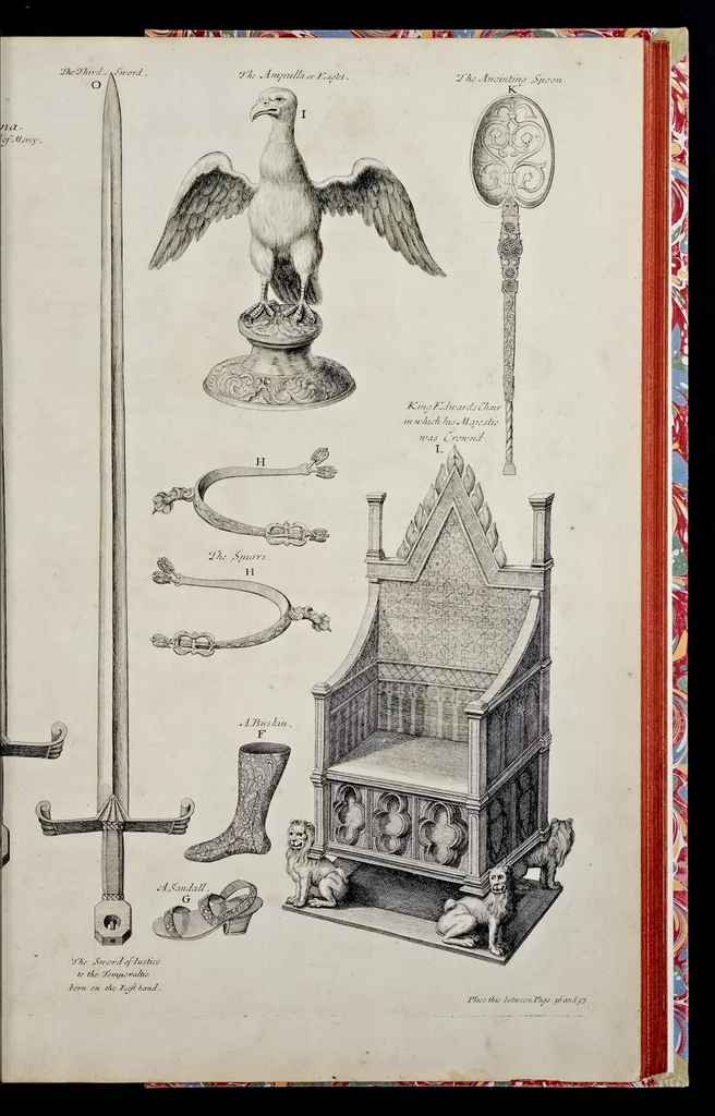 An illustration from The history of the coronation of the most high, most mighty, and most excellent monarch, James II, by the grace of God, king of England, Scotland, France and Ireland, defender of the faith, &c. and of his royal consort Queen Mary : solemnized in the collegiate church of St. Peter in the city of Westminster, on Thursday the 23 of April, being the festival of St. George, in the year of Our Lord 1685 : with an exact account of the several preparations in order thereunto, Their Majesties most splendid processions, and their royal and magnificent feast in Westminster-Hall : the whole work illustrated with sculptures, 1687, leaf 56