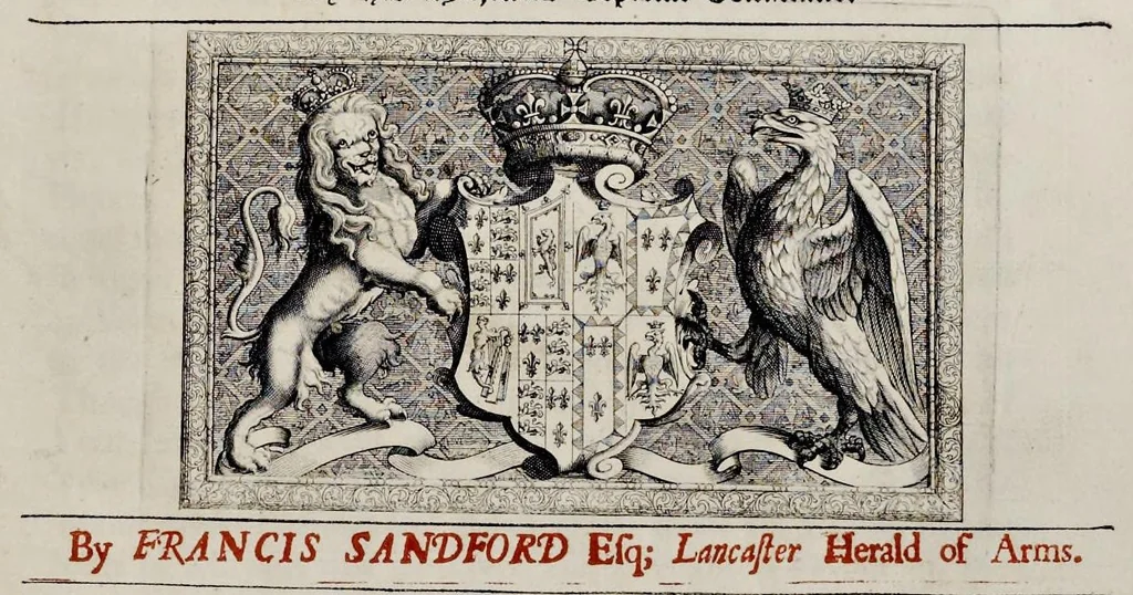 An illustration from The history of the coronation of the most high, most mighty, and most excellent monarch, James II, by the grace of God, king of England, Scotland, France and Ireland, defender of the faith, &c. and of his royal consort Queen Mary : solemnized in the collegiate church of St. Peter in the city of Westminster, on Thursday the 23 of April, being the festival of St. George, in the year of Our Lord 1685 : with an exact account of the several preparations in order thereunto, Their Majesties most splendid processions, and their royal and magnificent feast in Westminster-Hall : the whole work illustrated with sculptures, 1687, leaf 8