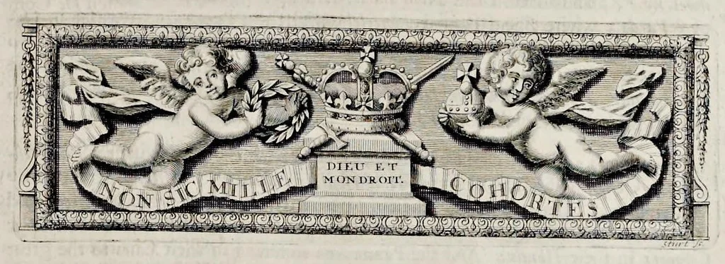 An illustration from The history of the coronation of the most high, most mighty, and most excellent monarch, James II, by the grace of God, king of England, Scotland, France and Ireland, defender of the faith, &c. and of his royal consort Queen Mary : solemnized in the collegiate church of St. Peter in the city of Westminster, on Thursday the 23 of April, being the festival of St. George, in the year of Our Lord 1685 : with an exact account of the several preparations in order thereunto, Their Majesties most splendid processions, and their royal and magnificent feast in Westminster-Hall : the whole work illustrated with sculptures, 1687, leaf 82
