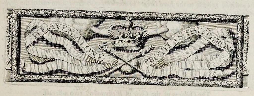An illustration from The history of the coronation of the most high, most mighty, and most excellent monarch, James II, by the grace of God, king of England, Scotland, France and Ireland, defender of the faith, &c. and of his royal consort Queen Mary : solemnized in the collegiate church of St. Peter in the city of Westminster, on Thursday the 23 of April, being the festival of St. George, in the year of Our Lord 1685 : with an exact account of the several preparations in order thereunto, Their Majesties most splendid processions, and their royal and magnificent feast in Westminster-Hall : the whole work illustrated with sculptures, 1687, leaf 86