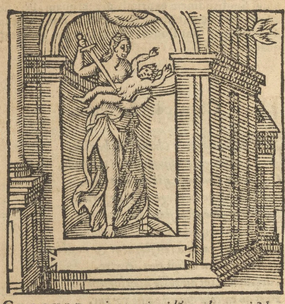 An illustration from Emblemata Andreæ Alciati I. C. clariss. Latinogallica : vnà cum succinctis argumentis, quibus emblematis cuiúsque sententia explicatur, ad calcem Alciati vita = Les emblemes Latin-Francois dv Seigneur Andre Alciat, excellent iurisconsulte, avec argumens succincts pour entendre le sens de chasque embleme, en fin est la vie d'Alcist : la version Françoise non encor veuë cy deuant, 1584, leaf 181