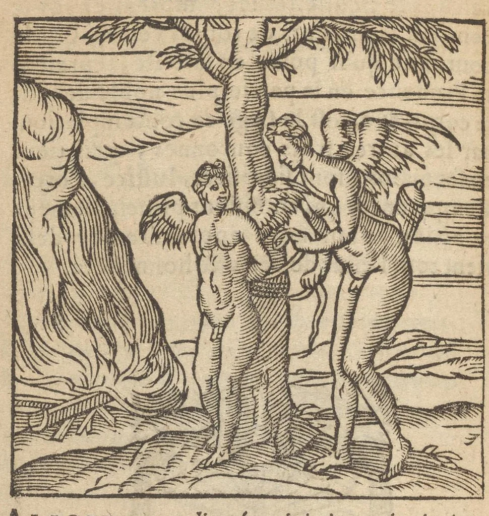 An illustration from Emblemata Andreæ Alciati I. C. clariss. Latinogallica : vnà cum succinctis argumentis, quibus emblematis cuiúsque sententia explicatur, ad calcem Alciati vita = Les emblemes Latin-Francois dv Seigneur Andre Alciat, excellent iurisconsulte, avec argumens succincts pour entendre le sens de chasque embleme, en fin est la vie d'Alcist : la version Françoise non encor veuë cy deuant, 1584, leaf 327