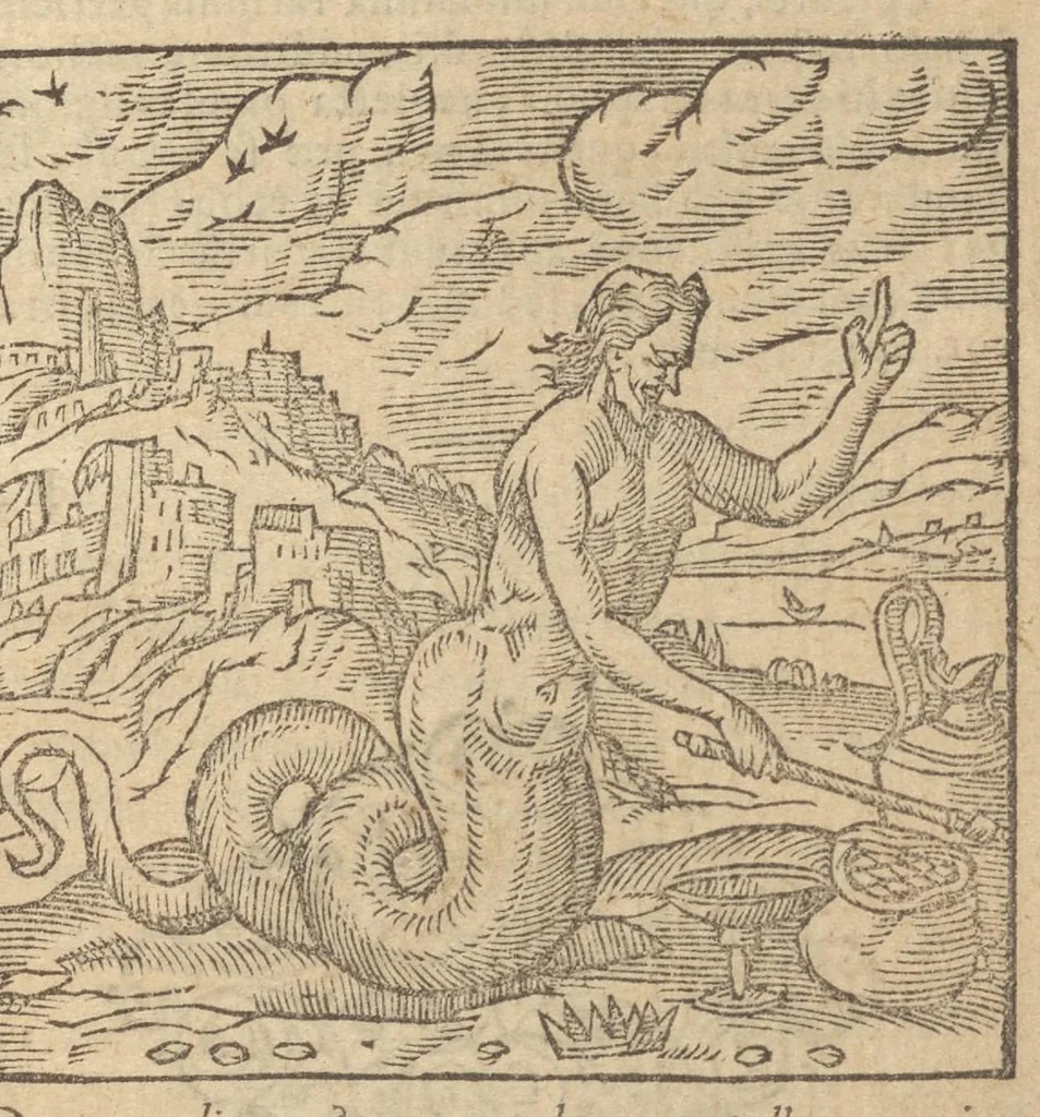 An illustration from Emblemata Andreæ Alciati I. C. clariss. Latinogallica : vnà cum succinctis argumentis, quibus emblematis cuiúsque sententia explicatur, ad calcem Alciati vita = Les emblemes Latin-Francois dv Seigneur Andre Alciat, excellent iurisconsulte, avec argumens succincts pour entendre le sens de chasque embleme, en fin est la vie d'Alcist : la version Françoise non encor veuë cy deuant, 1584, leaf 38