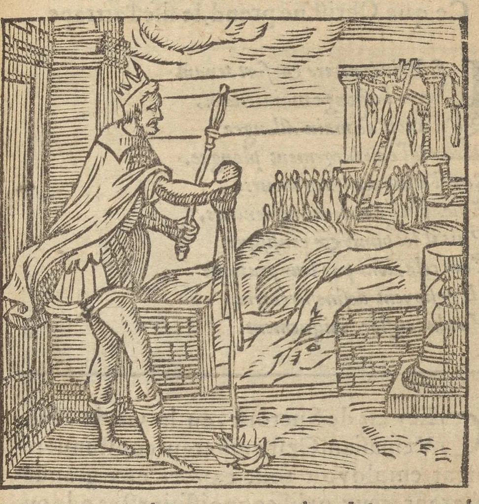 An illustration from Emblemata Andreæ Alciati I. C. clariss. Latinogallica : vnà cum succinctis argumentis, quibus emblematis cuiúsque sententia explicatur, ad calcem Alciati vita = Les emblemes Latin-Francois dv Seigneur Andre Alciat, excellent iurisconsulte, avec argumens succincts pour entendre le sens de chasque embleme, en fin est la vie d'Alcist : la version Françoise non encor veuë cy deuant, 1584, leaf 430