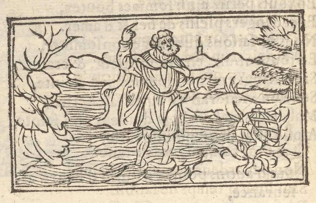 An illustration from Hecatongraphie : c'est à dire la description de cent figures & hystoires, cõtenas̃ plusieurs apophtegmes, prouerbes, sentences & ditz, tant des anciens, que des modernes, 1548, leaf 111