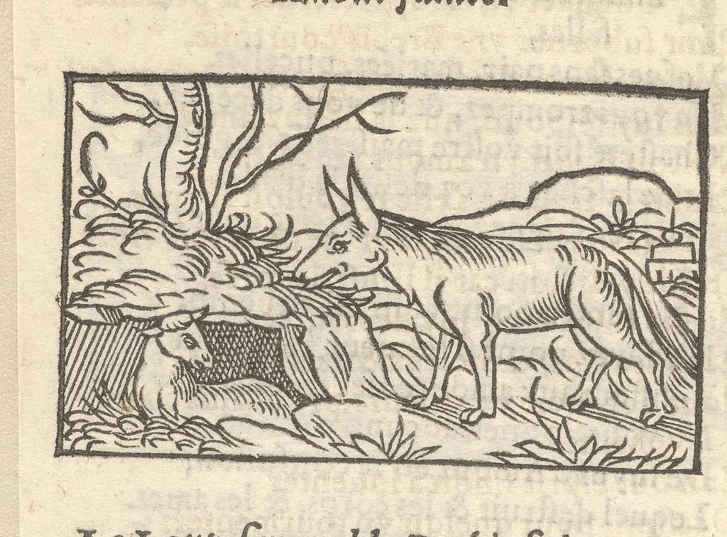 An illustration from Hecatongraphie : c'est à dire la description de cent figures & hystoires, cõtenas̃ plusieurs apophtegmes, prouerbes, sentences & ditz, tant des anciens, que des modernes, 1548, leaf 117