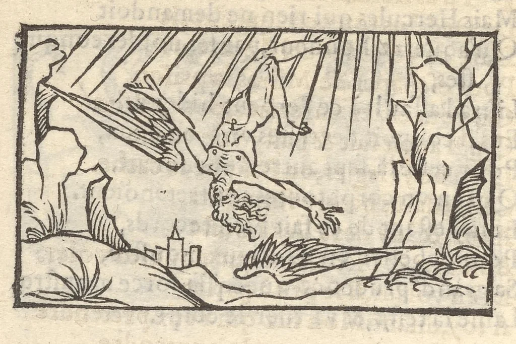 An illustration from Hecatongraphie : c'est à dire la description de cent figures & hystoires, cõtenas̃ plusieurs apophtegmes, prouerbes, sentences & ditz, tant des anciens, que des modernes, 1548, leaf 147
