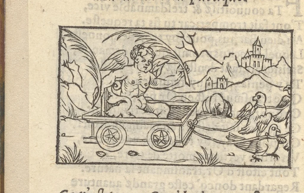 An illustration from Hecatongraphie : c'est à dire la description de cent figures & hystoires, cõtenas̃ plusieurs apophtegmes, prouerbes, sentences & ditz, tant des anciens, que des modernes, 1548, leaf 153