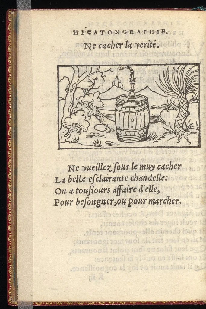 An illustration from Hecatongraphie : c'est à dire la description de cent figures & hystoires, cõtenas̃ plusieurs apophtegmes, prouerbes, sentences & ditz, tant des anciens, que des modernes, 1548, leaf 159
