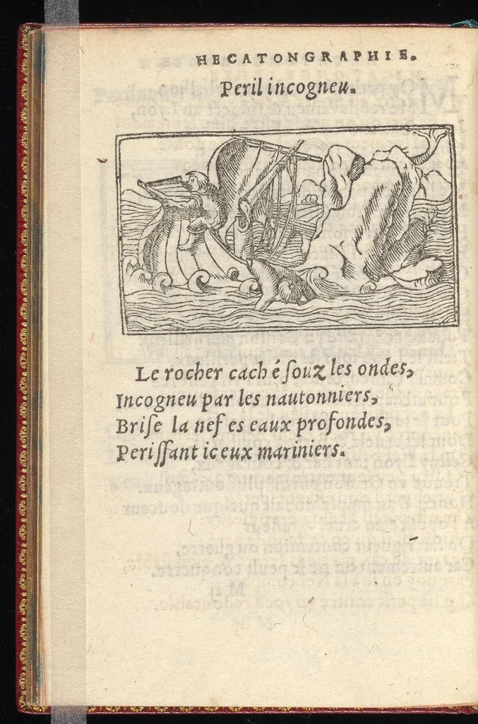 An illustration from Hecatongraphie : c'est à dire la description de cent figures & hystoires, cõtenas̃ plusieurs apophtegmes, prouerbes, sentences & ditz, tant des anciens, que des modernes, 1548, leaf 189