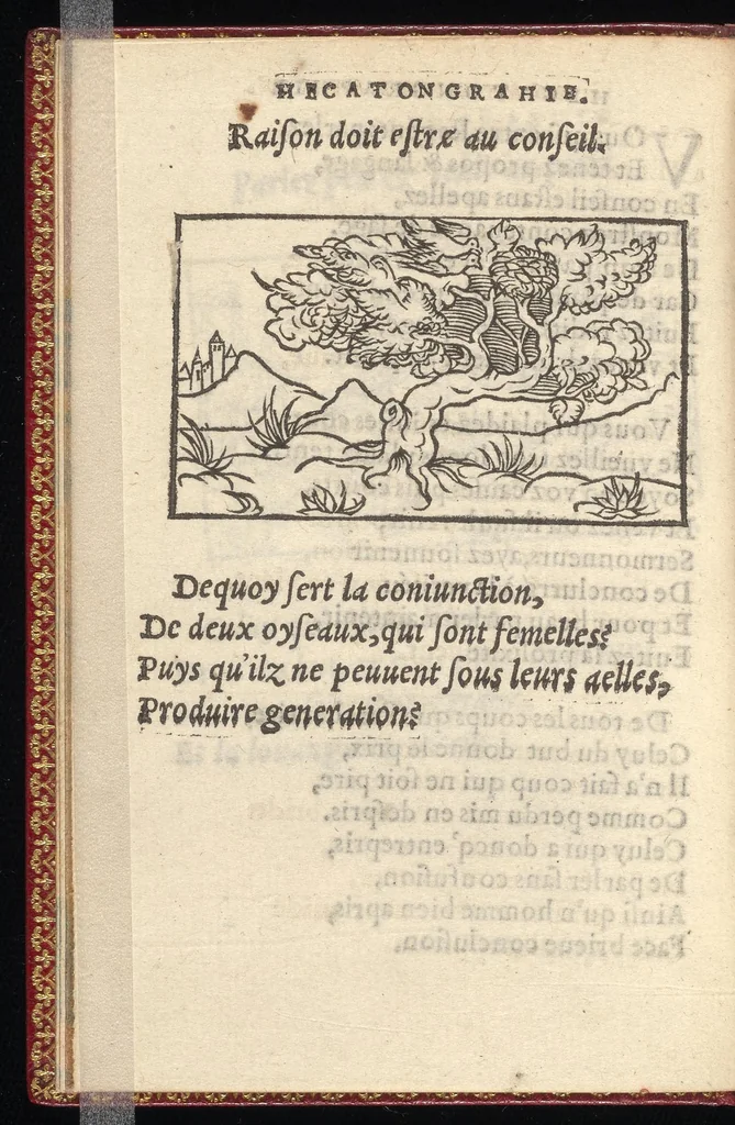 An illustration from Hecatongraphie : c'est à dire la description de cent figures & hystoires, cõtenas̃ plusieurs apophtegmes, prouerbes, sentences & ditz, tant des anciens, que des modernes, 1548, leaf 19