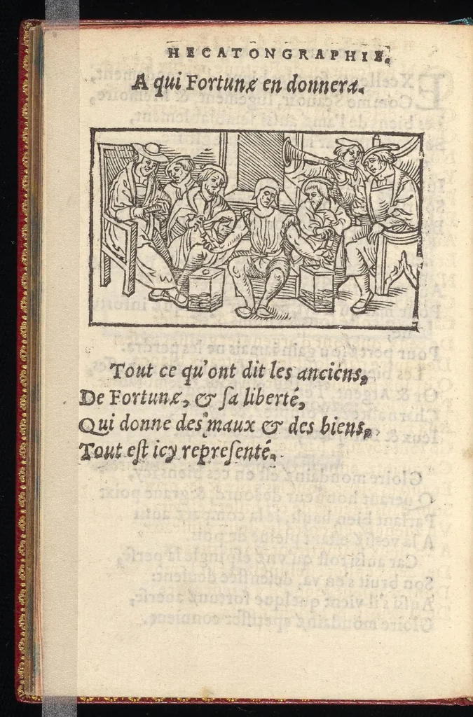 An illustration from Hecatongraphie : c'est à dire la description de cent figures & hystoires, cõtenas̃ plusieurs apophtegmes, prouerbes, sentences & ditz, tant des anciens, que des modernes, 1548, leaf 215