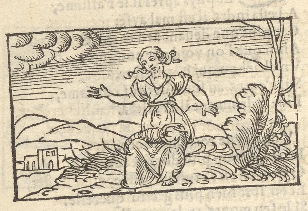 An illustration from Hecatongraphie : c'est à dire la description de cent figures & hystoires, cõtenas̃ plusieurs apophtegmes, prouerbes, sentences & ditz, tant des anciens, que des modernes, 1548, leaf 31