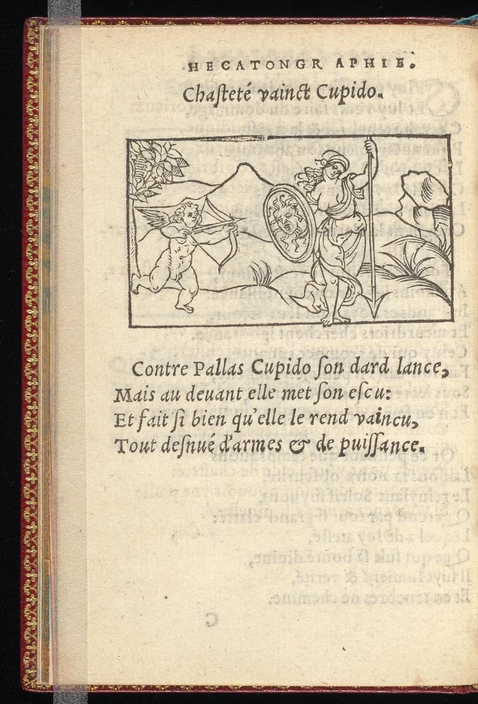 An illustration from Hecatongraphie : c'est à dire la description de cent figures & hystoires, cõtenas̃ plusieurs apophtegmes, prouerbes, sentences & ditz, tant des anciens, que des modernes, 1548, leaf 43