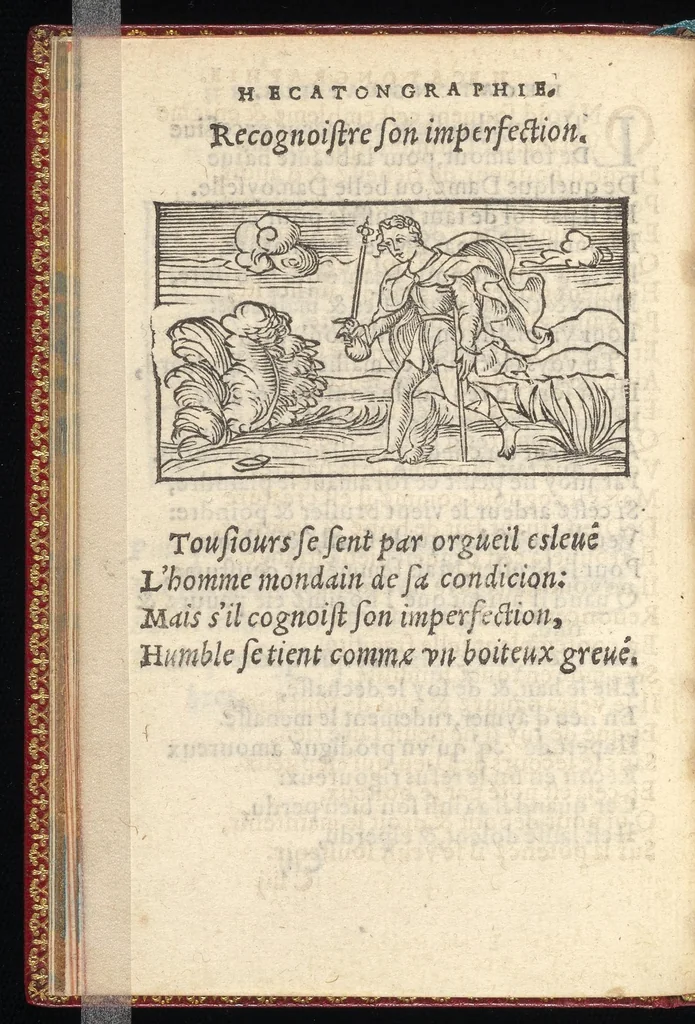 An illustration from Hecatongraphie : c'est à dire la description de cent figures & hystoires, cõtenas̃ plusieurs apophtegmes, prouerbes, sentences & ditz, tant des anciens, que des modernes, 1548, leaf 47