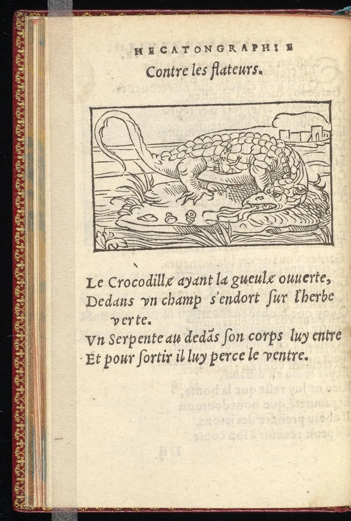 An illustration from Hecatongraphie : c'est à dire la description de cent figures & hystoires, cõtenas̃ plusieurs apophtegmes, prouerbes, sentences & ditz, tant des anciens, que des modernes, 1548, leaf 61