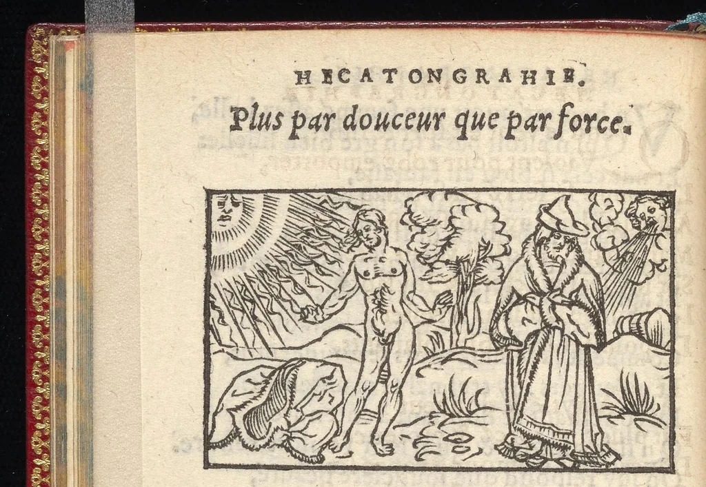 An illustration from Hecatongraphie : c'est à dire la description de cent figures & hystoires, cõtenas̃ plusieurs apophtegmes, prouerbes, sentences & ditz, tant des anciens, que des modernes, 1548, leaf 69