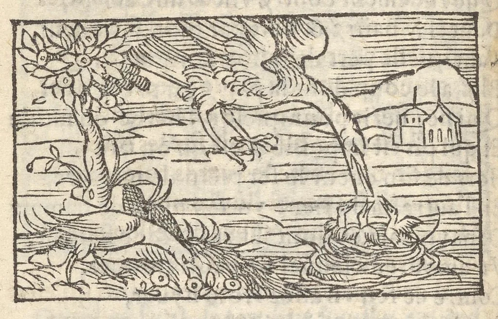 An illustration from Hecatongraphie : c'est à dire la description de cent figures & hystoires, cõtenas̃ plusieurs apophtegmes, prouerbes, sentences & ditz, tant des anciens, que des modernes, 1548, leaf 75