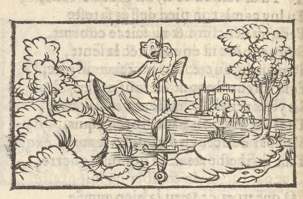 An illustration from Hecatongraphie : c'est à dire la description de cent figures & hystoires, cõtenas̃ plusieurs apophtegmes, prouerbes, sentences & ditz, tant des anciens, que des modernes, 1548, leaf 87