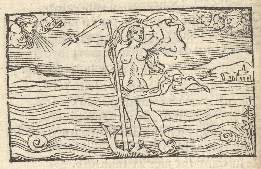 An illustration from Hecatongraphie : c'est à dire la description de cent figures & hystoires, cõtenas̃ plusieurs apophtegmes, prouerbes, sentences & ditz, tant des anciens, que des modernes, 1548, leaf 95
