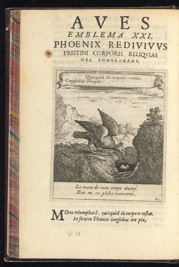 An illustration from Orpheus eucharisticus, siue, Deus absconditus humanitatis illecebris illustriores mundi partes ad se pertrahens, vltroneas arcanae maiestatis adoratrices : opus nouum, in varias historicorum emblematum aeneis tabulis incisorum centurias distinctum, quae strictâ, solutâque oratione explanantur, adiectis authorum fontibus ex quibus eruuntur : tomus primus, primam centuriam complectens, 1657, leaf 187