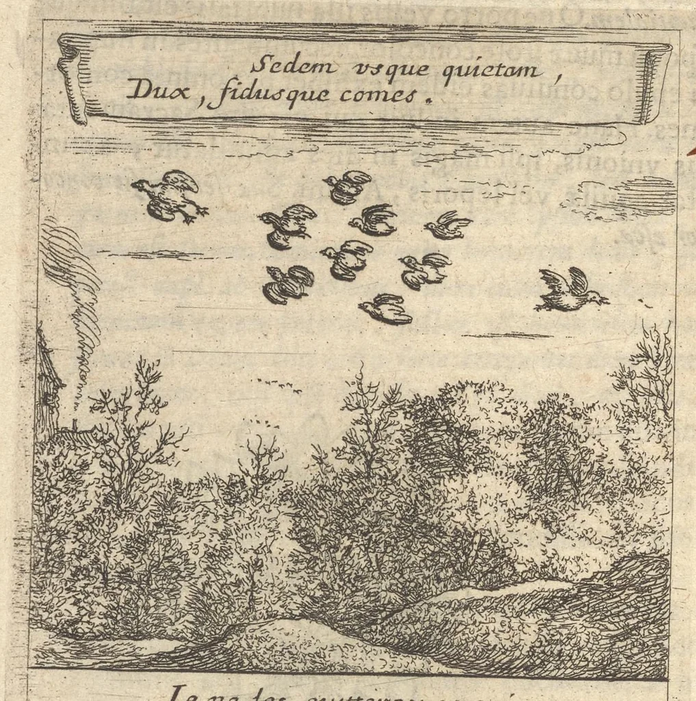 An illustration from Orpheus eucharisticus, siue, Deus absconditus humanitatis illecebris illustriores mundi partes ad se pertrahens, vltroneas arcanae maiestatis adoratrices : opus nouum, in varias historicorum emblematum aeneis tabulis incisorum centurias distinctum, quae strictâ, solutâque oratione explanantur, adiectis authorum fontibus ex quibus eruuntur : tomus primus, primam centuriam complectens, 1657, leaf 285