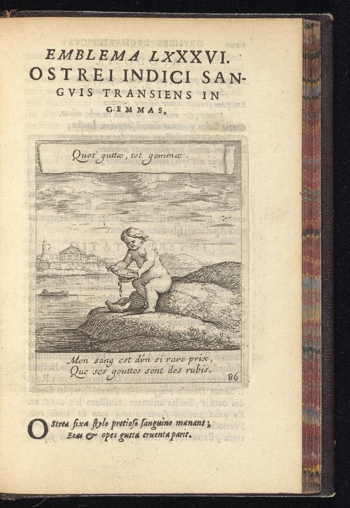 An illustration from Orpheus eucharisticus, siue, Deus absconditus humanitatis illecebris illustriores mundi partes ad se pertrahens, vltroneas arcanae maiestatis adoratrices : opus nouum, in varias historicorum emblematum aeneis tabulis incisorum centurias distinctum, quae strictâ, solutâque oratione explanantur, adiectis authorum fontibus ex quibus eruuntur : tomus primus, primam centuriam complectens, 1657, leaf 606