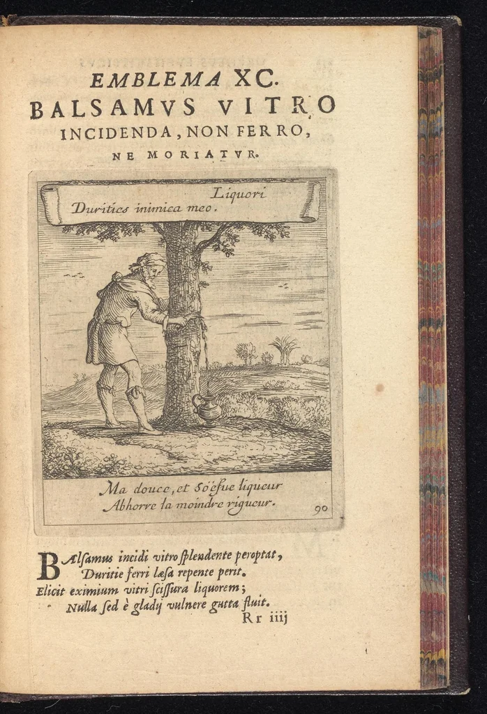 An illustration from Orpheus eucharisticus, siue, Deus absconditus humanitatis illecebris illustriores mundi partes ad se pertrahens, vltroneas arcanae maiestatis adoratrices : opus nouum, in varias historicorum emblematum aeneis tabulis incisorum centurias distinctum, quae strictâ, solutâque oratione explanantur, adiectis authorum fontibus ex quibus eruuntur : tomus primus, primam centuriam complectens, 1657, leaf 636