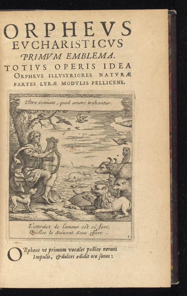 An illustration from Orpheus eucharisticus, siue, Deus absconditus humanitatis illecebris illustriores mundi partes ad se pertrahens, vltroneas arcanae maiestatis adoratrices : opus nouum, in varias historicorum emblematum aeneis tabulis incisorum centurias distinctum, quae strictâ, solutâque oratione explanantur, adiectis authorum fontibus ex quibus eruuntur : tomus primus, primam centuriam complectens, 1657, leaf 66