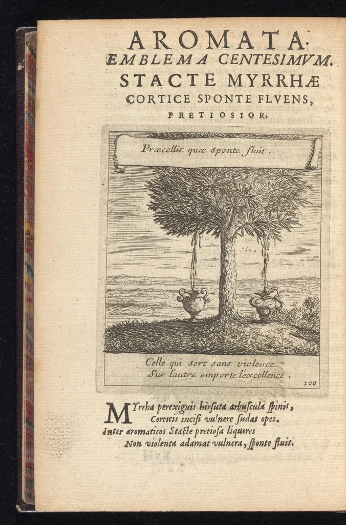 An illustration from Orpheus eucharisticus, siue, Deus absconditus humanitatis illecebris illustriores mundi partes ad se pertrahens, vltroneas arcanae maiestatis adoratrices : opus nouum, in varias historicorum emblematum aeneis tabulis incisorum centurias distinctum, quae strictâ, solutâque oratione explanantur, adiectis authorum fontibus ex quibus eruuntur : tomus primus, primam centuriam complectens, 1657, leaf 699