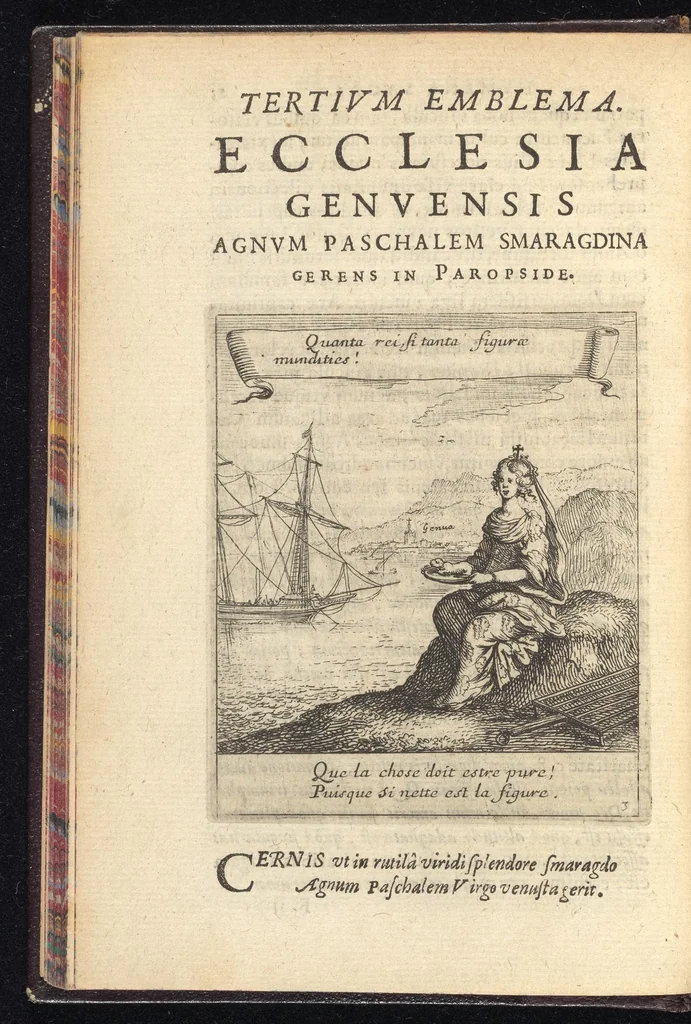 An illustration from Orpheus eucharisticus, siue, Deus absconditus humanitatis illecebris illustriores mundi partes ad se pertrahens, vltroneas arcanae maiestatis adoratrices : opus nouum, in varias historicorum emblematum aeneis tabulis incisorum centurias distinctum, quae strictâ, solutâque oratione explanantur, adiectis authorum fontibus ex quibus eruuntur : tomus primus, primam centuriam complectens, 1657, leaf 89