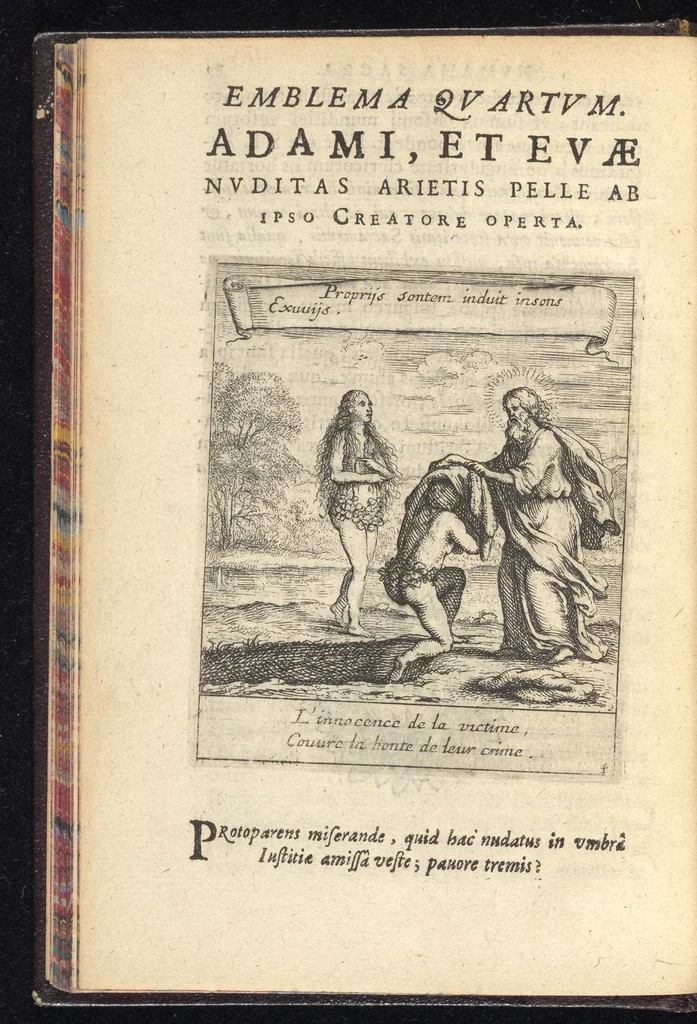 An illustration from Orpheus eucharisticus, siue, Deus absconditus humanitatis illecebris illustriores mundi partes ad se pertrahens, vltroneas arcanae maiestatis adoratrices : opus nouum, in varias historicorum emblematum aeneis tabulis incisorum centurias distinctum, quae strictâ, solutâque oratione explanantur, adiectis authorum fontibus ex quibus eruuntur : tomus primus, primam centuriam complectens, 1657, leaf 95