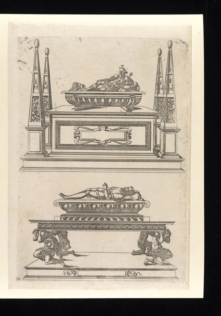 An illustration from Second livre d'architectvre, contenant plvsievrs et diverses ordonnances de cheminees, lvcarnes, portes, fonteines, puis, & pauillons, pour enrichir tant le dedans que le dehors de tous edifices. Auec les desseings de dix sepultures toutes differentes, 1561, leaf 10