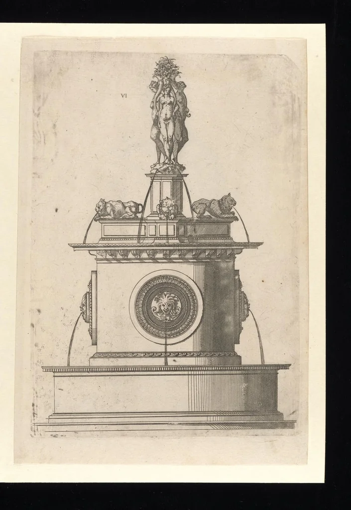 An illustration from Second livre d'architectvre, contenant plvsievrs et diverses ordonnances de cheminees, lvcarnes, portes, fonteines, puis, & pauillons, pour enrichir tant le dedans que le dehors de tous edifices. Auec les desseings de dix sepultures toutes differentes, 1561, leaf 104