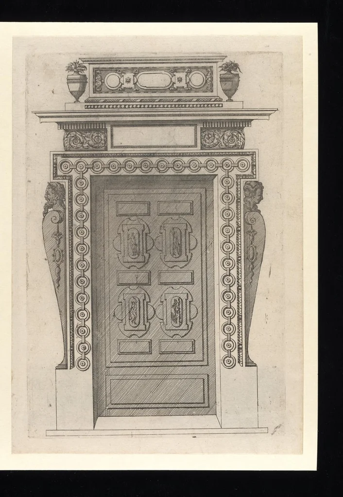 An illustration from Second livre d'architectvre, contenant plvsievrs et diverses ordonnances de cheminees, lvcarnes, portes, fonteines, puis, & pauillons, pour enrichir tant le dedans que le dehors de tous edifices. Auec les desseings de dix sepultures toutes differentes, 1561, leaf 108