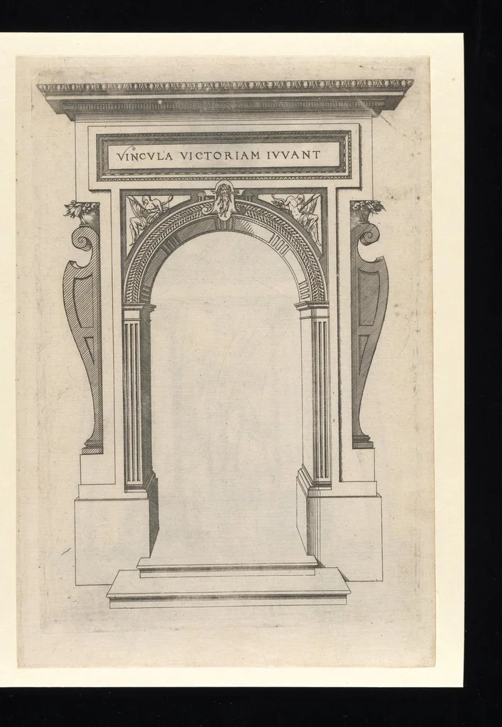 An illustration from Second livre d'architectvre, contenant plvsievrs et diverses ordonnances de cheminees, lvcarnes, portes, fonteines, puis, & pauillons, pour enrichir tant le dedans que le dehors de tous edifices. Auec les desseings de dix sepultures toutes differentes, 1561, leaf 116