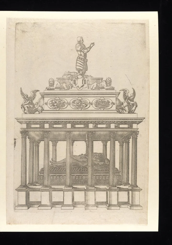 An illustration from Second livre d'architectvre, contenant plvsievrs et diverses ordonnances de cheminees, lvcarnes, portes, fonteines, puis, & pauillons, pour enrichir tant le dedans que le dehors de tous edifices. Auec les desseings de dix sepultures toutes differentes, 1561, leaf 12