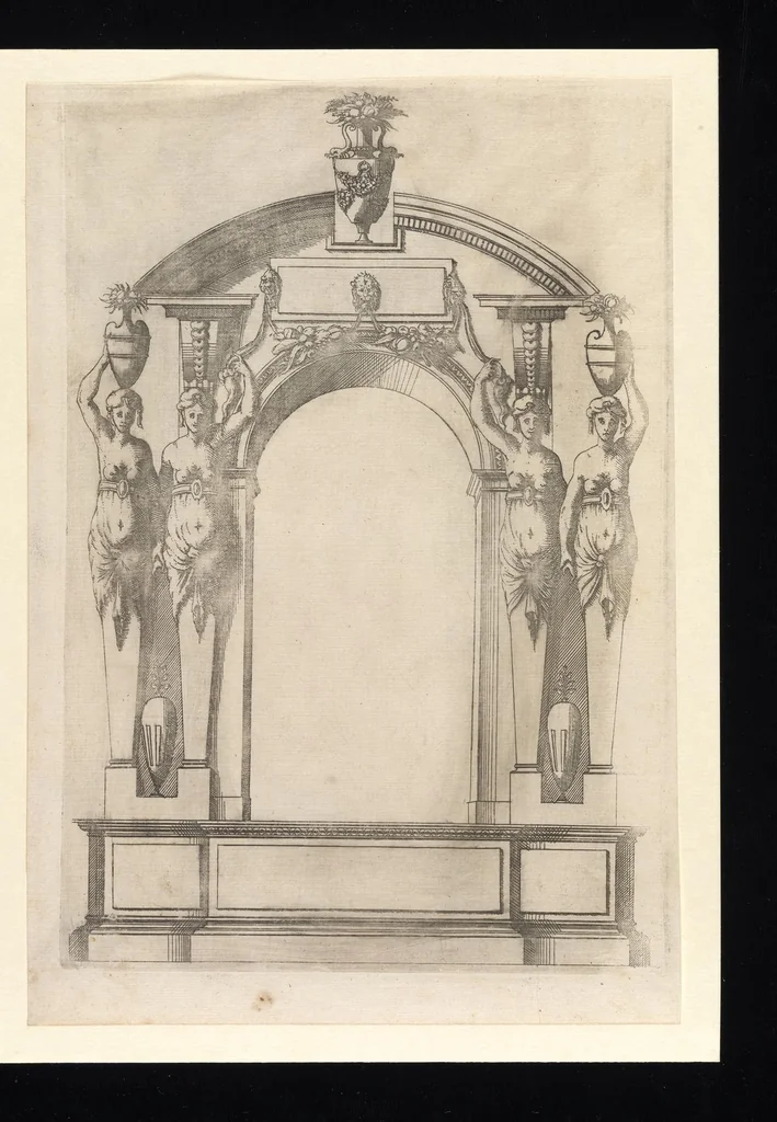 An illustration from Second livre d'architectvre, contenant plvsievrs et diverses ordonnances de cheminees, lvcarnes, portes, fonteines, puis, & pauillons, pour enrichir tant le dedans que le dehors de tous edifices. Auec les desseings de dix sepultures toutes differentes, 1561, leaf 132