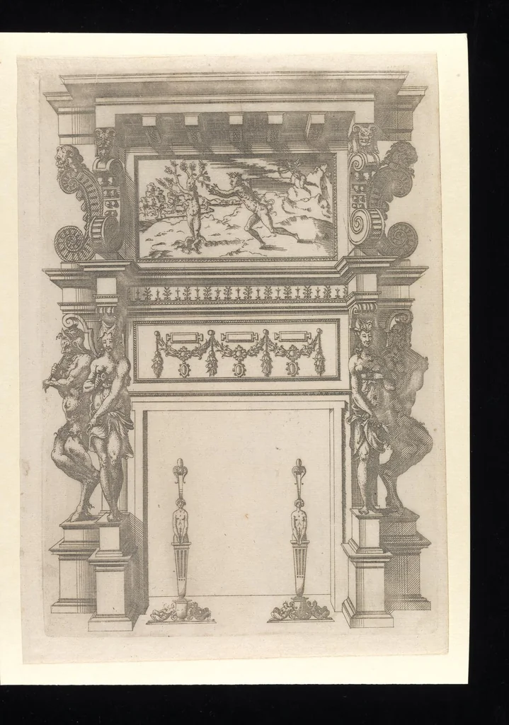 An illustration from Second livre d'architectvre, contenant plvsievrs et diverses ordonnances de cheminees, lvcarnes, portes, fonteines, puis, & pauillons, pour enrichir tant le dedans que le dehors de tous edifices. Auec les desseings de dix sepultures toutes differentes, 1561, leaf 14