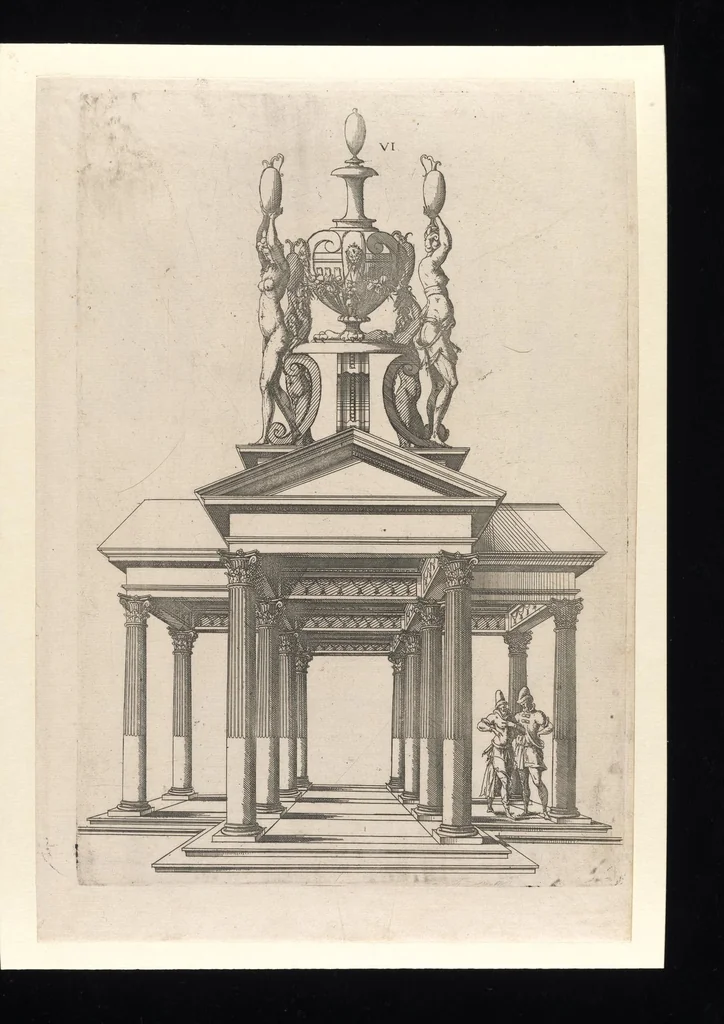 An illustration from Second livre d'architectvre, contenant plvsievrs et diverses ordonnances de cheminees, lvcarnes, portes, fonteines, puis, & pauillons, pour enrichir tant le dedans que le dehors de tous edifices. Auec les desseings de dix sepultures toutes differentes, 1561, leaf 22