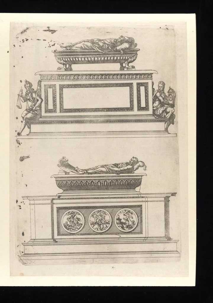 An illustration from Second livre d'architectvre, contenant plvsievrs et diverses ordonnances de cheminees, lvcarnes, portes, fonteines, puis, & pauillons, pour enrichir tant le dedans que le dehors de tous edifices. Auec les desseings de dix sepultures toutes differentes, 1561, leaf 24