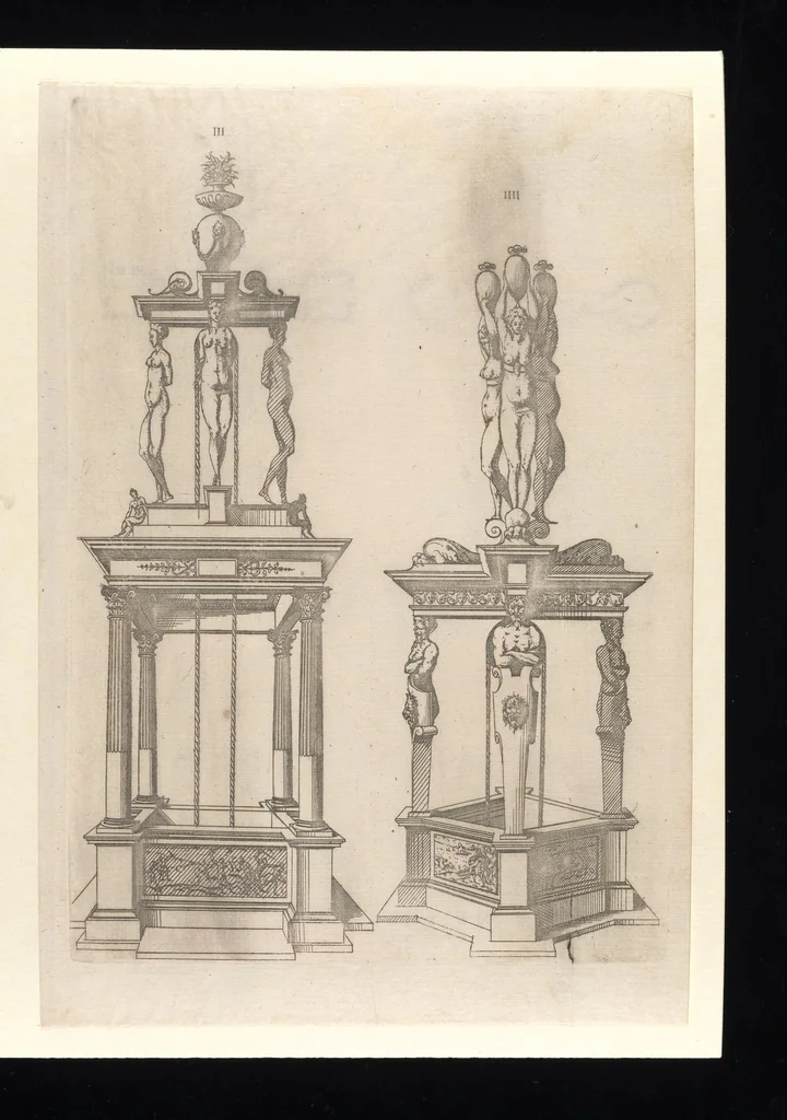 An illustration from Second livre d'architectvre, contenant plvsievrs et diverses ordonnances de cheminees, lvcarnes, portes, fonteines, puis, & pauillons, pour enrichir tant le dedans que le dehors de tous edifices. Auec les desseings de dix sepultures toutes differentes, 1561, leaf 26
