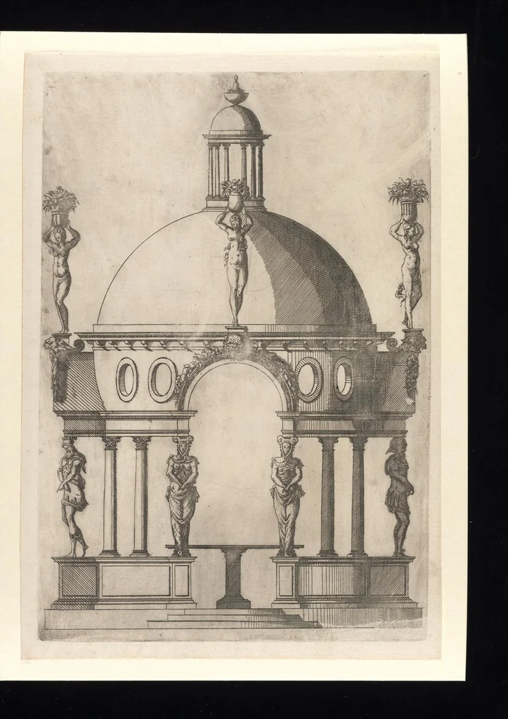 An illustration from Second livre d'architectvre, contenant plvsievrs et diverses ordonnances de cheminees, lvcarnes, portes, fonteines, puis, & pauillons, pour enrichir tant le dedans que le dehors de tous edifices. Auec les desseings de dix sepultures toutes differentes, 1561, leaf 32