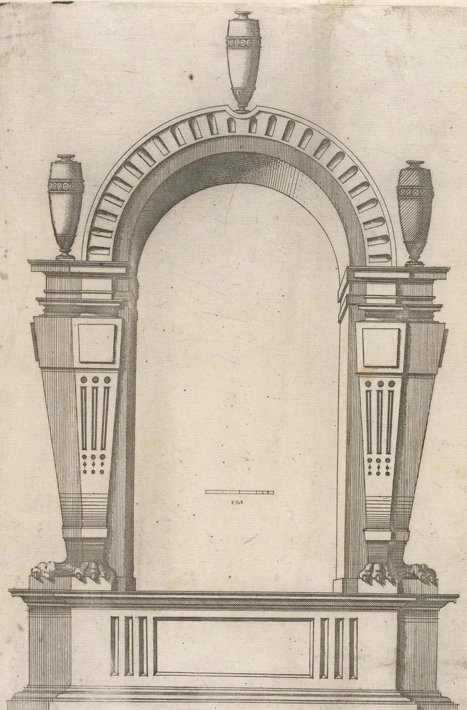 An illustration from Second livre d'architectvre, contenant plvsievrs et diverses ordonnances de cheminees, lvcarnes, portes, fonteines, puis, & pauillons, pour enrichir tant le dedans que le dehors de tous edifices. Auec les desseings de dix sepultures toutes differentes, 1561, leaf 36