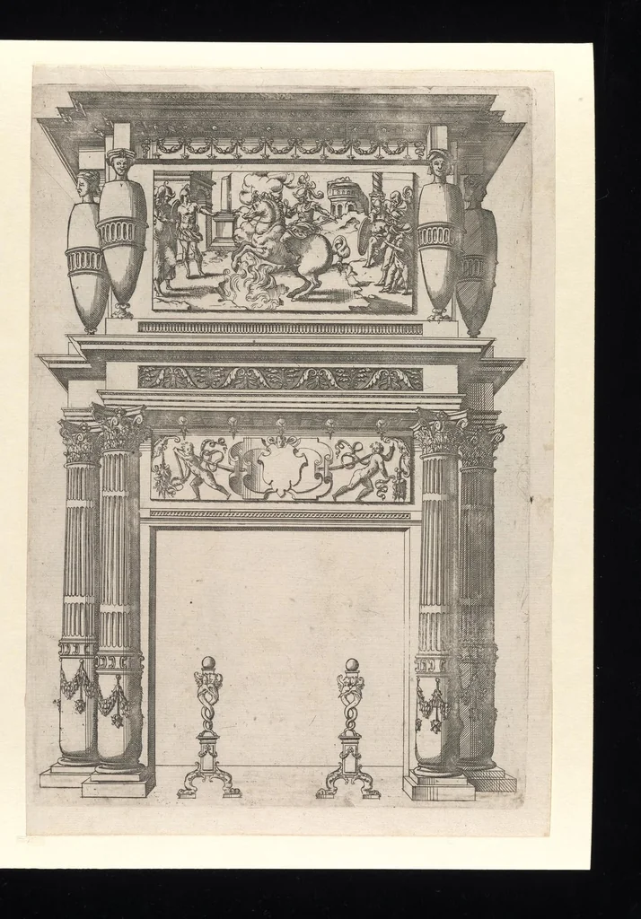An illustration from Second livre d'architectvre, contenant plvsievrs et diverses ordonnances de cheminees, lvcarnes, portes, fonteines, puis, & pauillons, pour enrichir tant le dedans que le dehors de tous edifices. Auec les desseings de dix sepultures toutes differentes, 1561, leaf 38