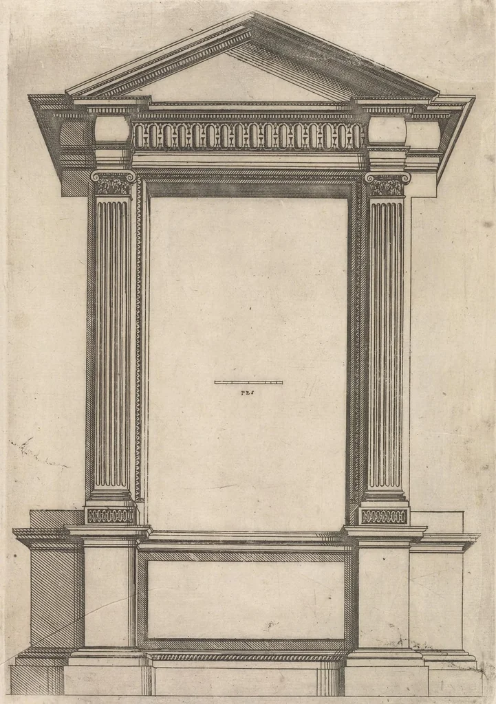 An illustration from Second livre d'architectvre, contenant plvsievrs et diverses ordonnances de cheminees, lvcarnes, portes, fonteines, puis, & pauillons, pour enrichir tant le dedans que le dehors de tous edifices. Auec les desseings de dix sepultures toutes differentes, 1561, leaf 44