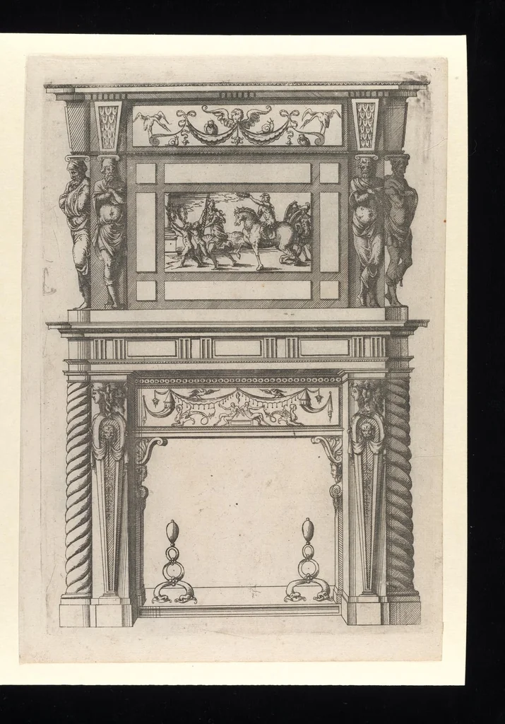 An illustration from Second livre d'architectvre, contenant plvsievrs et diverses ordonnances de cheminees, lvcarnes, portes, fonteines, puis, & pauillons, pour enrichir tant le dedans que le dehors de tous edifices. Auec les desseings de dix sepultures toutes differentes, 1561, leaf 46