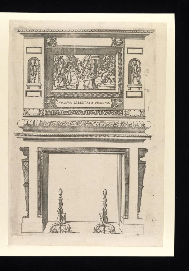 An illustration from Second livre d'architectvre, contenant plvsievrs et diverses ordonnances de cheminees, lvcarnes, portes, fonteines, puis, & pauillons, pour enrichir tant le dedans que le dehors de tous edifices. Auec les desseings de dix sepultures toutes differentes, 1561, leaf 48